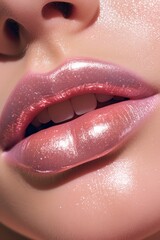Close up of female's lips with glittery pink lipstick. y2k aesthetic style. Y2k aesthetic. Generative AI.