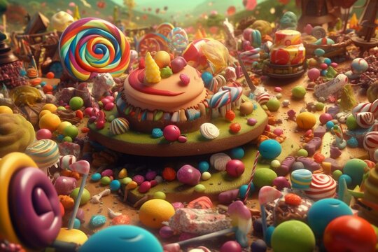 A colorful cartoon world filled with sugary treats and candies. Generative AI