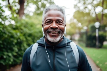 Music earphones, running and black man in nature for health, wellness and fitness. Radio, podcast and smile of happy senior athlete training, exercise and workout. ai generative.