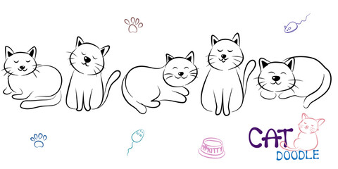 Doodle cat poses. Cat body language vector set. Illustration pet cat, cute striped animal kitten