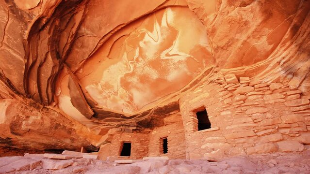 Wide shot of fallen roof pueblo ruin close up of windows in Bears Ears National Monument, Utah.