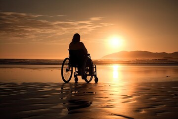 Obraz na płótnie Canvas silhouette of a person on a wheelchair at a beach