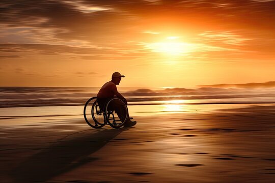 Silhouette Of A Person On A Wheelchair At A Beach