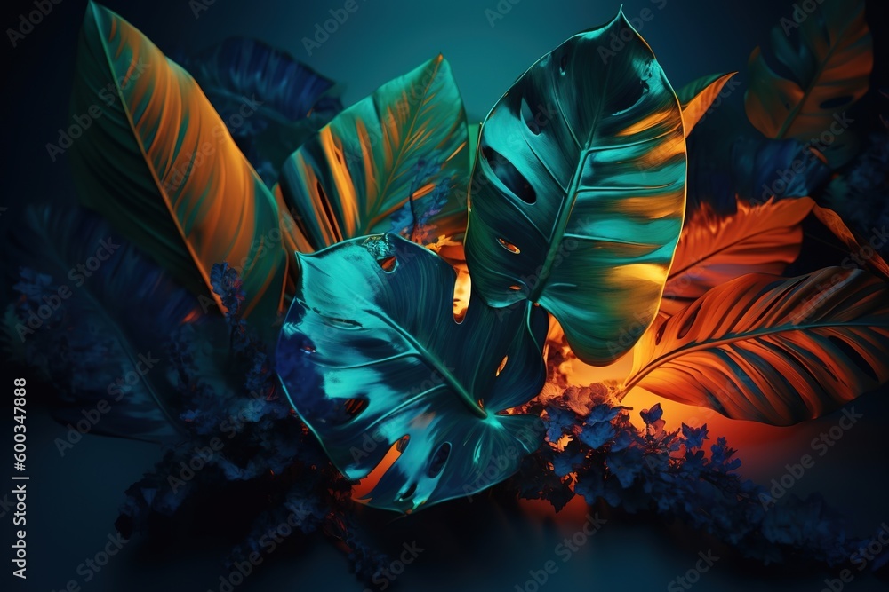 Poster a cluster of green and orange leaves on a backdrop that is dark. generative ai