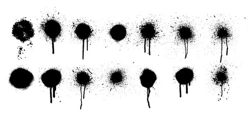 Set of spray paint elements isolated on white background, lines and drips black ink splatters, Ink blots set. Vector Street style. Collection of graffiti spray banner. Spray paint shapes with smudges. - obrazy, fototapety, plakaty