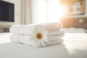Obraz na płótnie Canvas towel comfortable bed modern spa bath welcome flower window bedchamber. Generative AI.