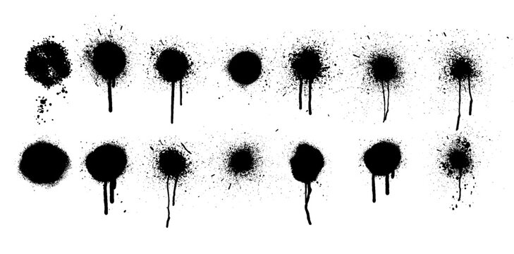 Set of spray paint elements isolated on white background, lines and drips black ink splatters, Ink blots set. Vector Street style. Collection of graffiti spray banner. Spray paint shapes with smudges.