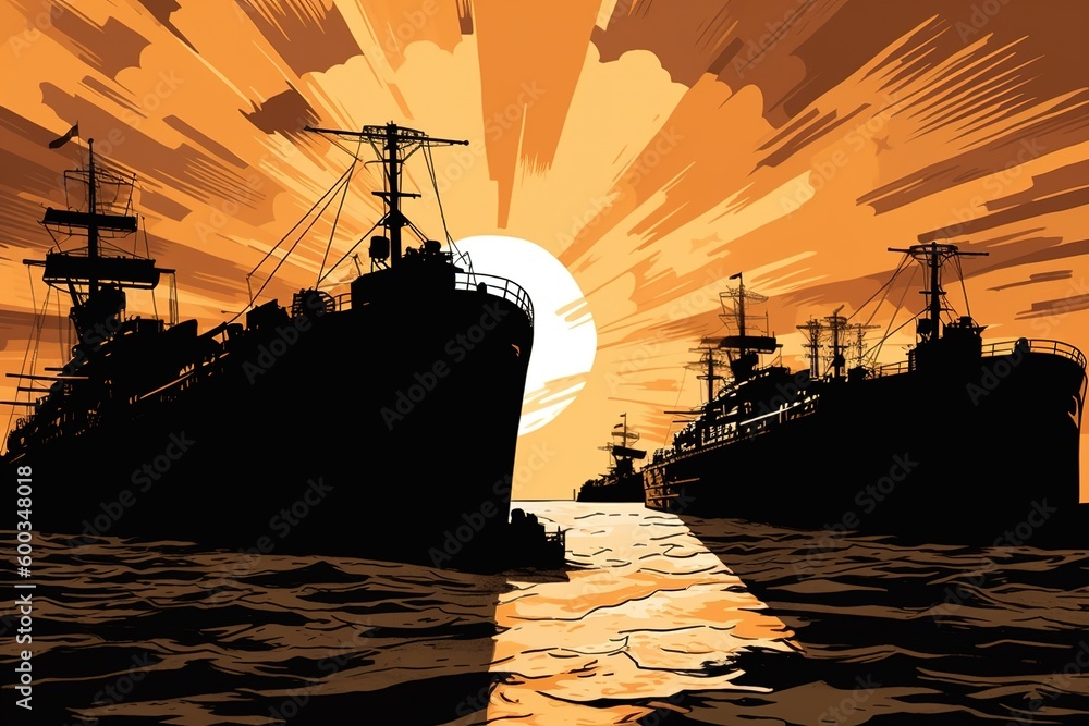 Poster a picture shows two ships sailing in the same direction in a body of water generative ai