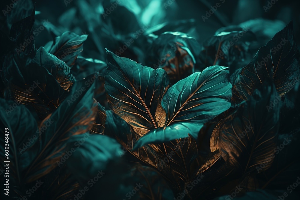 Poster a cluster of green leaves hidden in the shadows generative ai