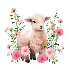 Cute baby lamb with pink flowers watercolor Illustration isolated on white. Generative AI