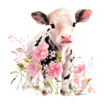Cute baby calf with pink flowers watercolor Illustration isolated on white. Generative AI