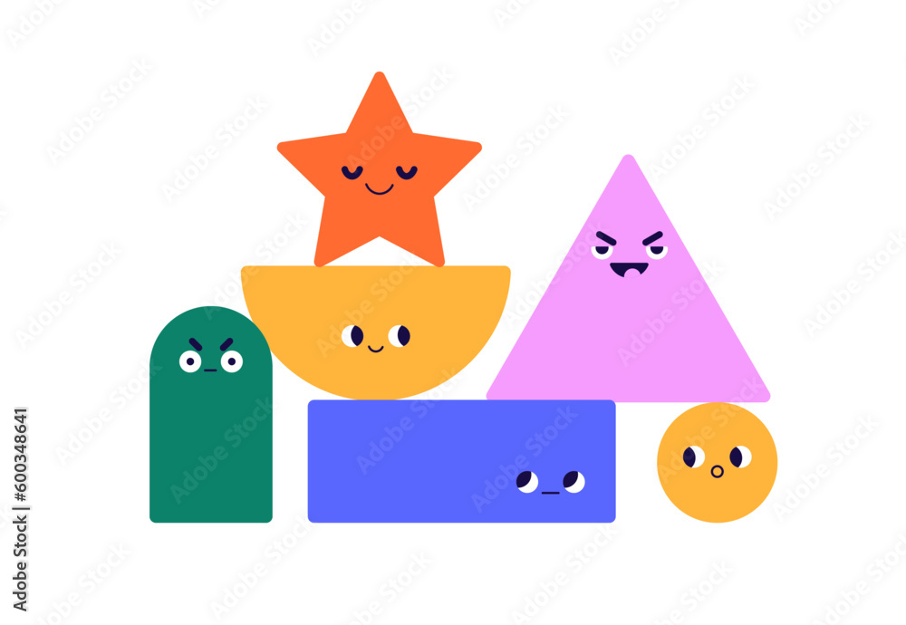 Poster geometric characters with diverse emotions. geometry shapes, figures with cute face expressions. psy