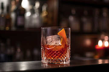 Dark whiskey drink glass with orange slice and ice on wooden table. Light bokeh background. Generative AI