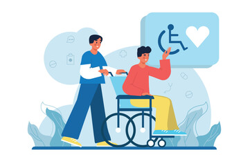 Disabled people medicine blue concept with people scene in the flat cartoon design. Doctor helps a patient in a wheelchair move around the hospital. Vector illustration.