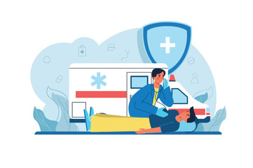 Obraz na płótnie Canvas Medicine blue concept Ambulance with people scene in the flat cartoon style. An ambulance arrived on call to help the person. Vector illustration.
