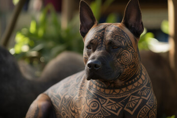 Pitbull dog in hawaiian style tattoos. Generative AI - obrazy, fototapety, plakaty