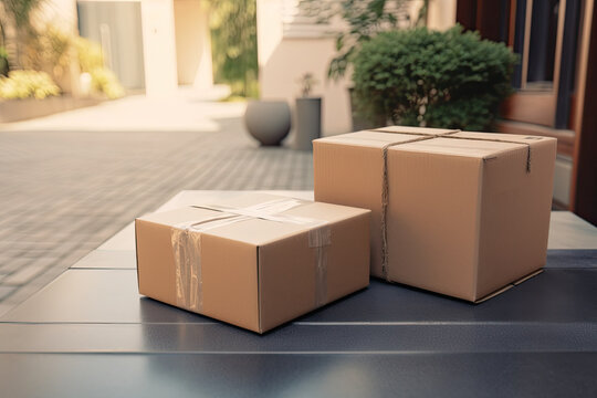 Delivery Box at entrance door. Business Online Shopping and Parcel Delivery. Generative AI