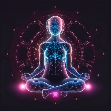 Körper und Geist im Einklang: Blau-lila Grafik von Yoga und Chakren