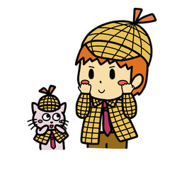 ガッツポーズをとる探偵コンビの男の子とネコ　イラスト