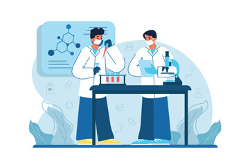 Medicine blue concept Hospital laboratory with people scene in the flat cartoon design. Hospitals research new drugs in a chemistry lab. Vector illustration.