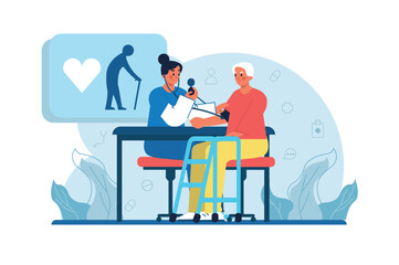 Elderly people medicine blue concept with people scene in the flat cartoon design. A doctor measures blood pressure in elderly people. Vector illustration.