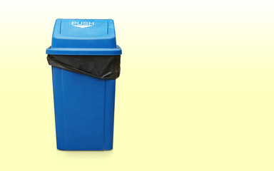 front view black bag in the blue bin and lid plastic on gradient green and white background, object, clean, vintage, decor, keep, copy space