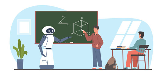 Robot teacher and students work together at blackboard in classroom. Future education in school or college, artificial intelligence technology cartoon flat style isolated vector concept