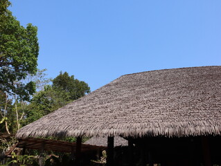 Fototapeta na wymiar rustic hut with a thatched roof and wooden structure in the countryside, a landscape with blue sky and clouds on a sunny day