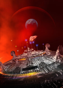 UFO approaching planet, illustration