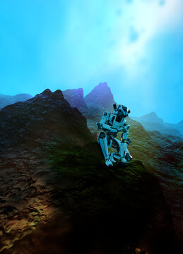 Robot exploring alien planet, illustration