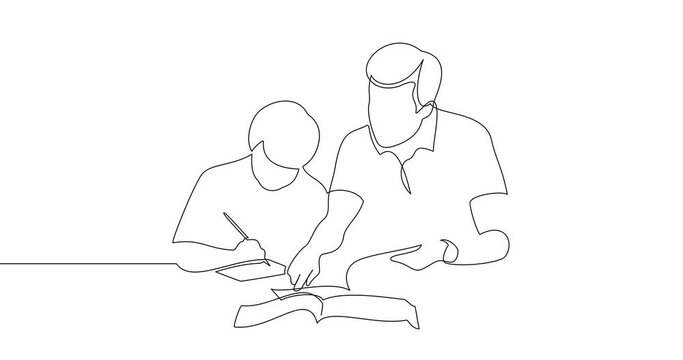 Animation of an image drawn with a continuous line. The father helps his son with schoolwork.