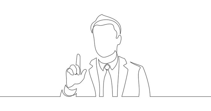 Animation of an image drawn with a continuous line. Man pointing up with index finger. Symbol of attracting attention or important information.