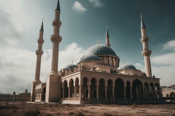 Fototapeta na wymiar Stunning mosque in windy open space. Generative AI