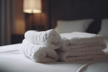 hotel resort luxury fresh towel room bed white service home. Generative AI.