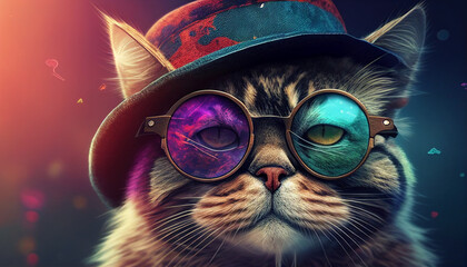 A cute cat with a hat and colorful sunglasses, Generative AI - obrazy, fototapety, plakaty