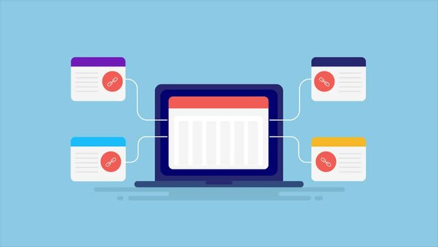 Business website linking with other authority web pages, increasing web traffic and search engine visibility laptop screen, SEO link building video animation.