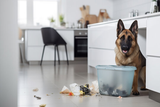 German Shepherd dog causing chaos with litter all over the floor in kitchen. Generative AI illustration