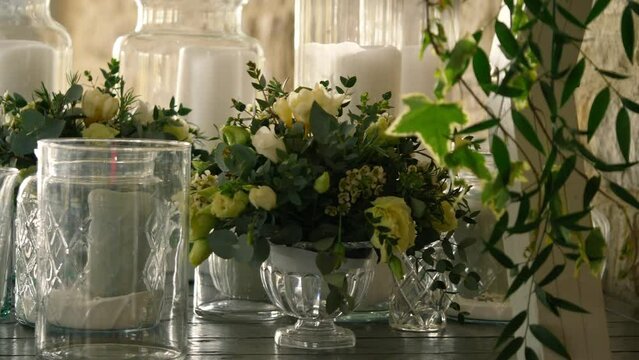 Wedding flower arrangement at ceremony venue 