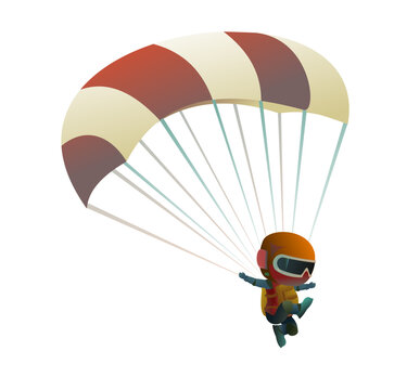 Skydiver flying down sky. Free float. Parachute opened. Cartoon style character. Isolated on white background. Vector picture
