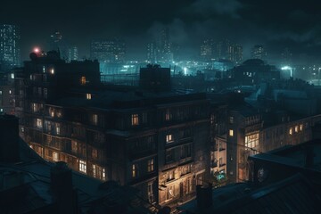 A mesmerizing night cityscape with a dystopian-medieval vibe. Generative AI