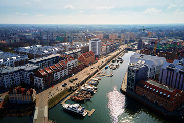 Obraz premium Aerial view of Gdansk city in Poland. Historical center in old town in european city. Panoramic view of modern european city