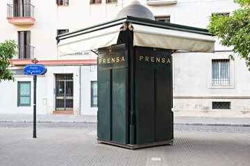 Kiosk saying Prensa (press) in the Plaza del Museo on Sevilla Spain