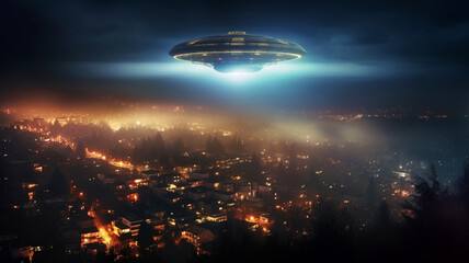 Unbekanntes Flugobjekt über einer Stadt. Fotorealistische UFO Illustration, KI generiert