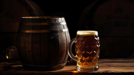 Mug of beer with wheat, barley and barrels on background. Still life. Copy space. Ai generated