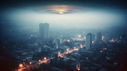 Unbekanntes Flugobjekt über einer Stadt. Fotorealistische UFO Illustration, Neblige, dramatische Stimmung, KI generiert
