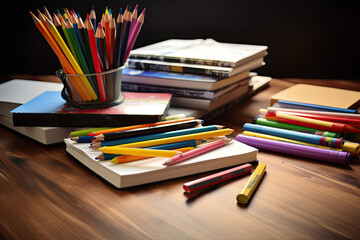 Schulb&uuml;cher und Stifte auf einem Tisch, Generative AI