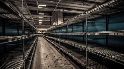 Obraz premium Lack of Goods. Barren Shelves. Empty Grocery Store. AI generated