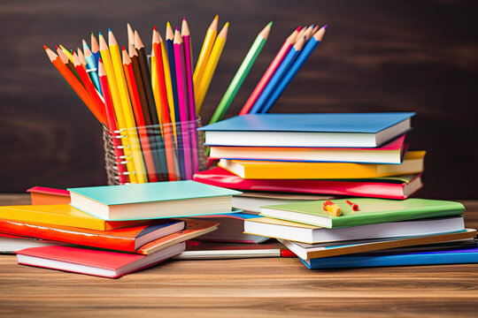 Schulb&uuml;cher und Stifte auf einem Tisch, Generative AI