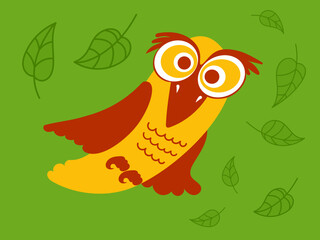 A funny owl flies in the forest. Flat vector illustration on a green background.