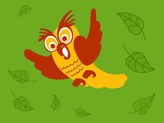 Cheerful red eagle owl flies on a green background among foliage. Vector flat illustration.